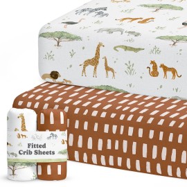 Crib Sheets Neutral - Fitted Baby Crib Sheets Bed for Girl Boy - 2 Pack Standard & Toddler Mattress (Safari Adventure) - Buttery Soft Organic Cotton Blend