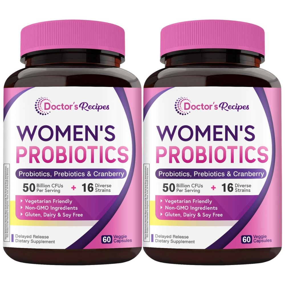Doctor\'s Recipes Women\'s Probiotics, 120 Caps (Pack of 2) 50 Billion CFU 16 Strains, with Organic Prebiotics Cranberry, Shelf Stable, Delayed Release, No Soy Gluten Dairy