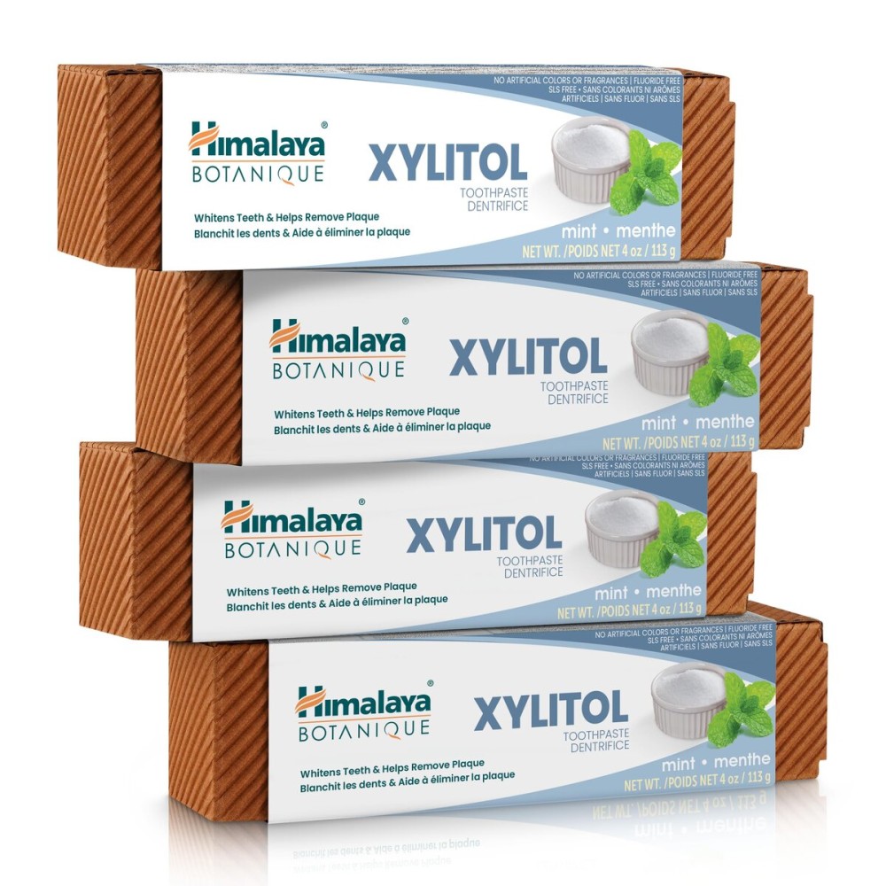 Himalaya Botanique Whitening Antiplaque Toothpaste with Xylitol, Fluoride Free, for Plaque Reduction & Gentle Whitening, 4 oz, 4 Pack