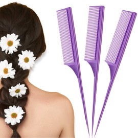 Leinuosen 3 Pack Rat Tail Combs Fine Tooth Parting Tip for Women Carbon Fiber Heat Resistant Anti Static Teasing for Back Combing Root Teasing Adding Volume Evening Styling(Purple)