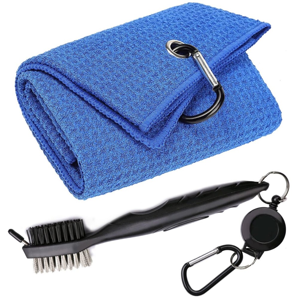 Aebor Golf Towels, Microfiber Waffle Pattern Tri-fold Golf Towel - Brush Tool Kit with Club Groove Cleaner, with Clip Men Women Golf Gifts (Blue Towel+Black Brush)