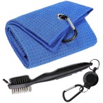 Aebor Golf Towels, Microfiber Waffle Pattern Tri-fold Golf Towel - Brush Tool Kit with Club Groove Cleaner, with Clip Men Women Golf Gifts (Blue Towel+Black Brush)