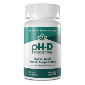 pH-D Feminine Health Support - 600 mg Boric Acid Suppositories - Woman Owned - for Vaginal Odor Use - 12 Count