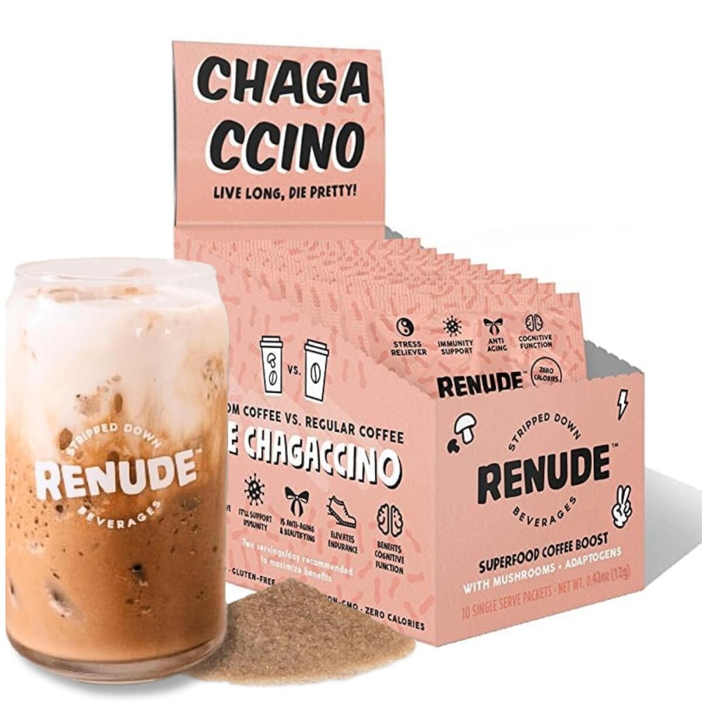 Renude Chagaccino - Chaga Mushroom Powder, Mushroom Coffee Drink Mix with Adaptogens, Natural Energy and Immune Support, Vegan, Keto, Zero Calorie Mushroom Blend Powder - 10 Servings