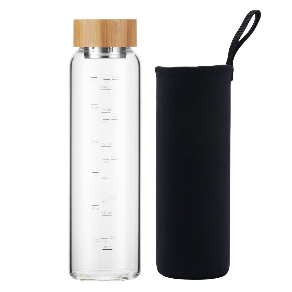 sunkey Glass Water Bottle 32 oz Wide Mouth with Sleeve Bamboo Lid Motivational Water Bottle With Time Marker Reusable Safe for Hot Cold Drinks Bpa Free (Black)
