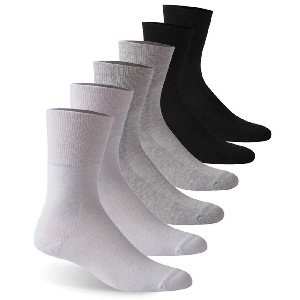 Facool Diabetic Crew Socks for Men Women, Non-Binding Loose Top Seamless Toe Moisture Wicking Soft Cotton Diabete Dress Quarter Long Neuropathy Socks, 6 Pairs White/Grey/Black Medium
