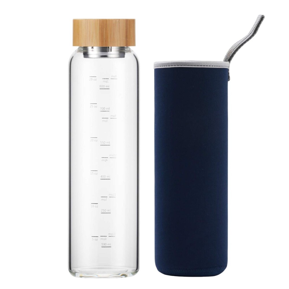 sunkey Glass Water Bottle 32 oz Wide Mouth with Sleeve Bamboo Lid Motivational Water Bottle With Time Marker Reusable Safe for Hot Cold Drinks Bpa Free (Navy Blue)