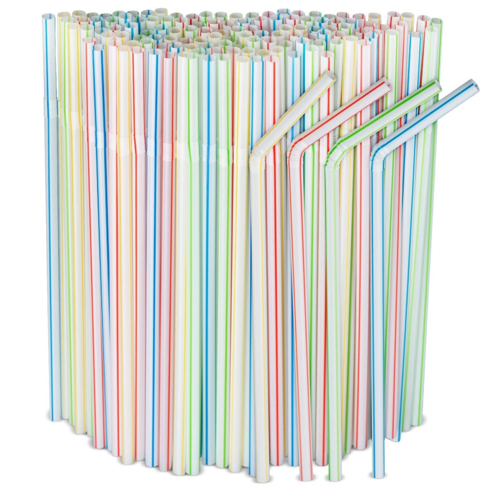 [500 Pack] Striped Flexible Plastic Drinking Straws Disposable Straw 8\'\' inches Tall Assorted Colors