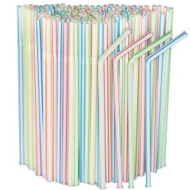 [500 Pack] Striped Flexible Plastic Drinking Straws Disposable Straw 8\'\' inches Tall Assorted Colors