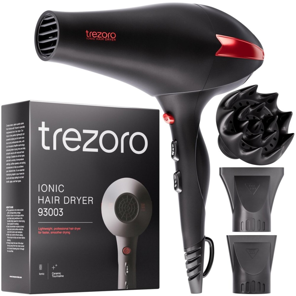 TREZORO Professional Blow Dryer - Ionic Hair Dryer 2000W with Diffuser for Salon & Personal Use - Powerful, Fast & Quiet Drying for Curly Hair, Unwanted Frizz - Design for Travel - 8.2ft Cord
