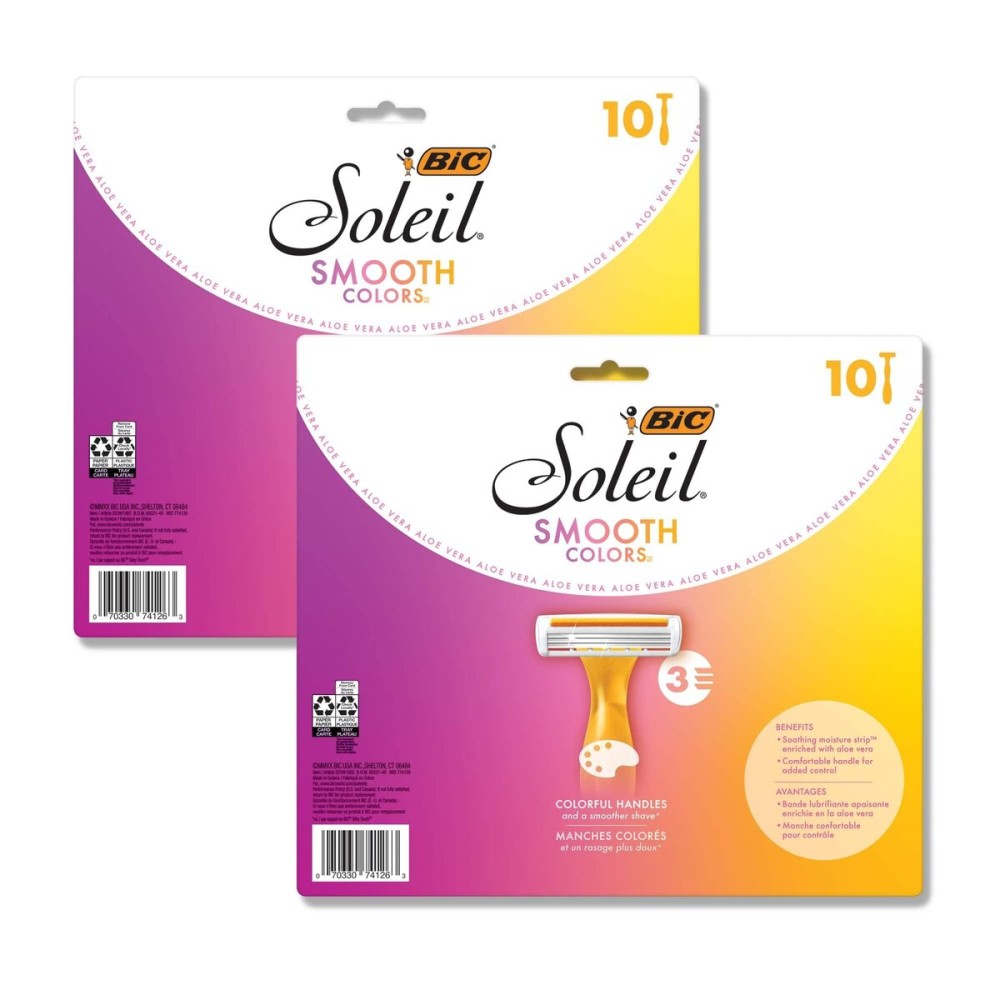 BIC Soleil 3 Colors Women\'s Disposable with 3 Blade Razors, Anti-Slip Grip and Soothing Moisture Strip, 20-Pack