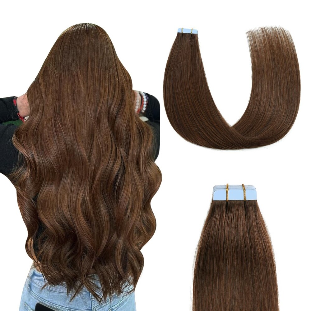 Sunya Tape in Hair Extensions Human Hair 14 inches Silky Straight Remy Human Hair Seamless Skin Weft Hair Extensions Tape in 14 inches 4 Chocolate Brown 40 Gram 20Pcs/Pack Thick Hair