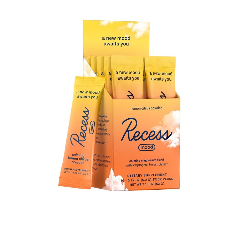 Recess Mood Powder, Magnesium L-Threonate Blend with Passion Flower, L-Theanine, Electrolytes, Magnesium Calm Support Powder Supplement - Lemon Citrus Pack of 10
