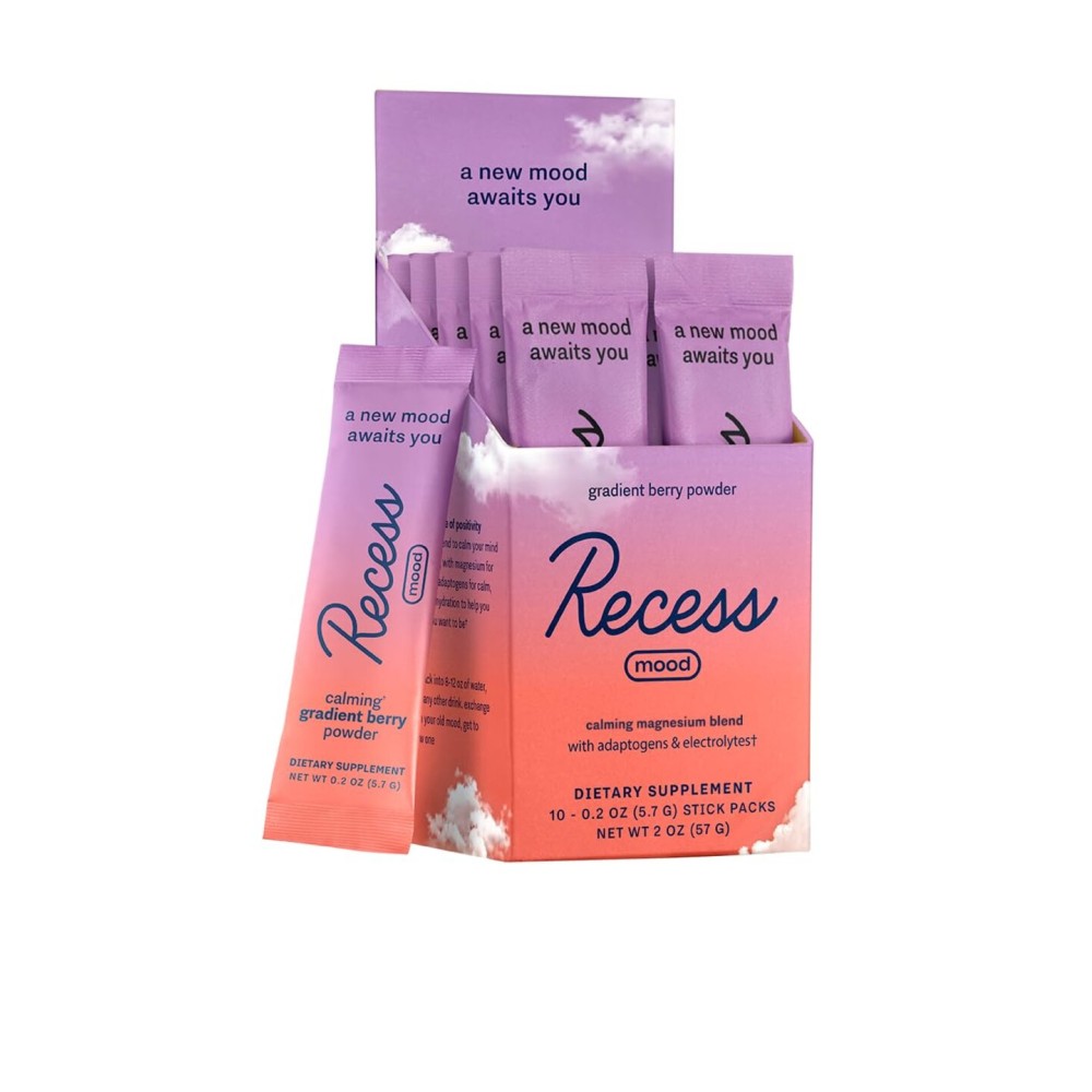 Recess Mood Powder, Calming Magnesium L-Threonate Blend with Passion Flower, L-Theanine, Electrolytes, Magnesium Calm Support Supplement - Gradient Berry Pack of 10