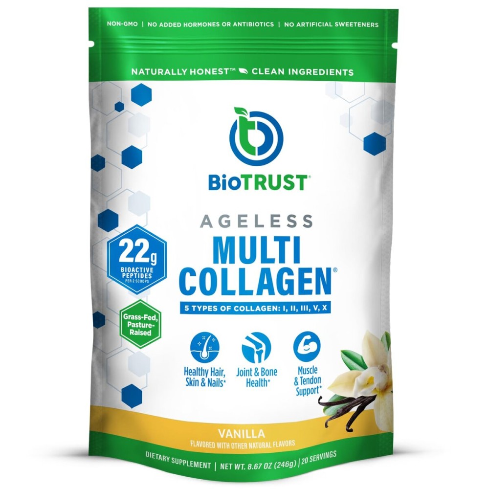 BioTrust Ageless Multi Collagen Peptides Powder - 5 Types (I, II, III, V, X) - Vanilla Collagen Powder for Women & Men - Hydrolyzed Protein - Grass Fed Beef, Fish, Chicken, Eggshell Membrane