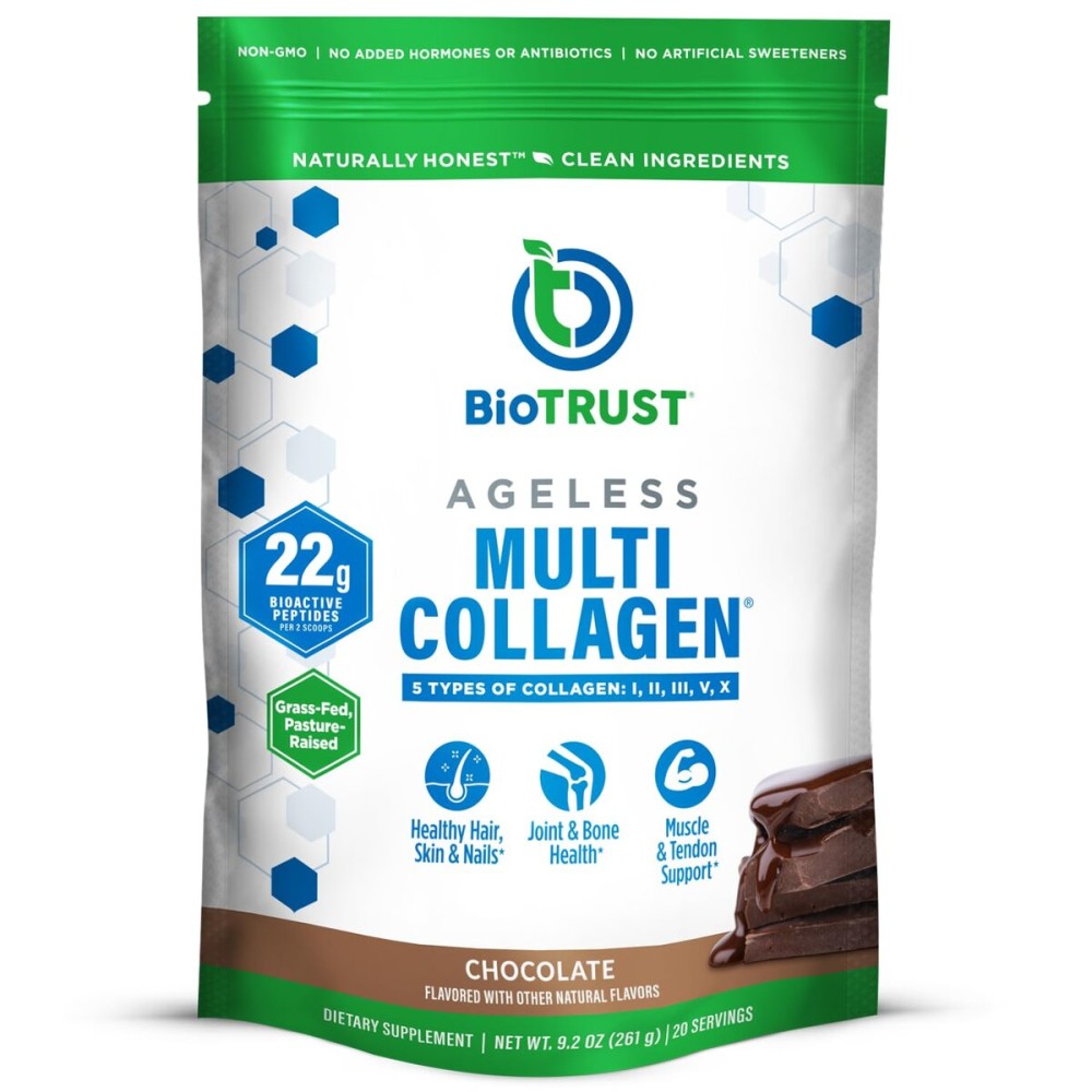 BioTrust Ageless Multi Collagen Peptides Powder - 5 Types (I, II, III, V, X) - Chocolate Collagen Powder for Women & Men - Hydrolyzed Protein - Grass Fed Beef, Fish, Chicken, Eggshell Membrane