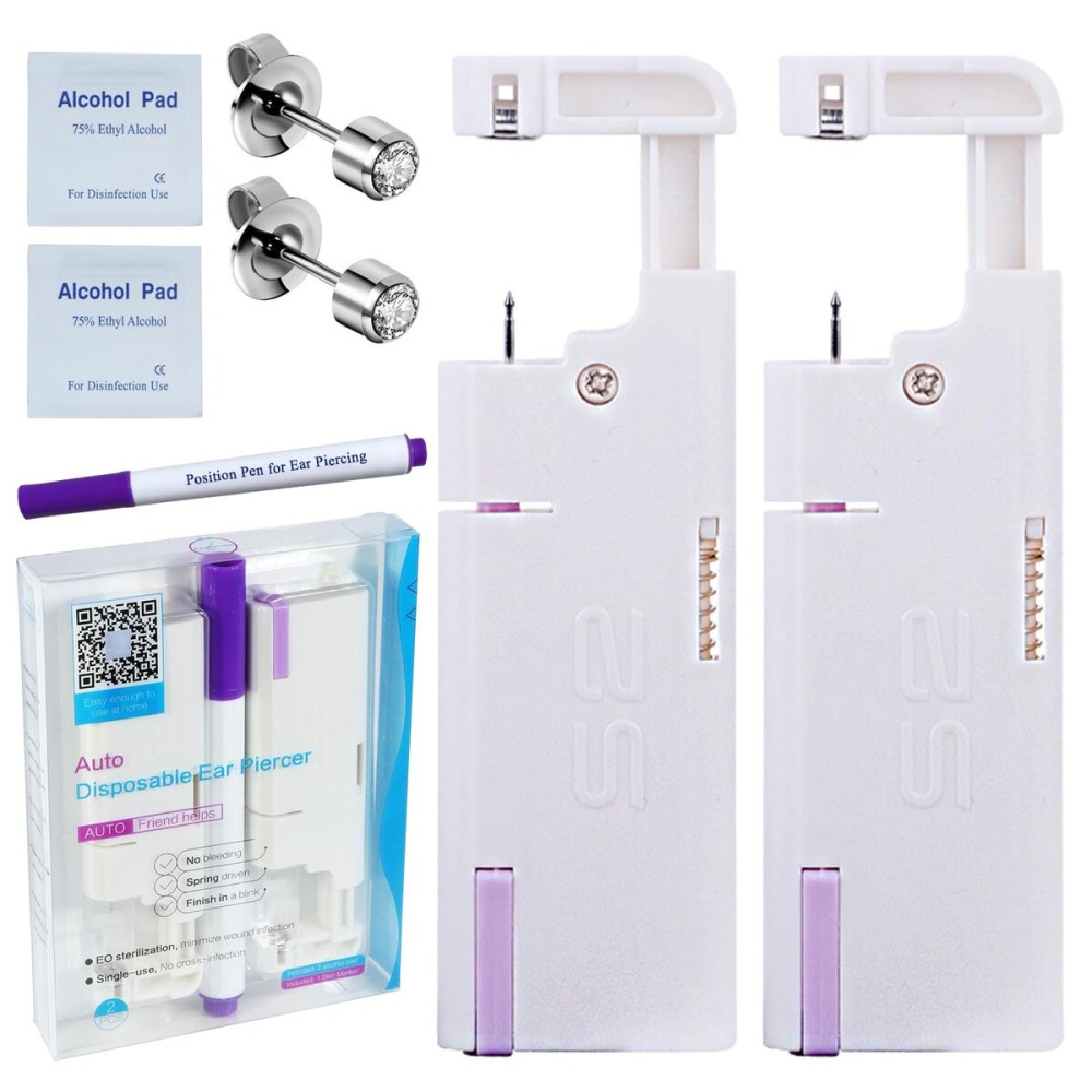 Firstomato 2PCS Disposable Ear Piercing Kit Ear Piercing Gun Self Use Ear Piercings Kit Cartilage Piercing Gun with Hypoallergenic Earrings(4mm,Silver)