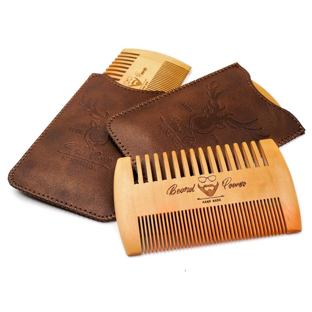 Menesia Wooden Beard Comb, 3 Pieces & Durable Cases for Men, Beard & Mustaches, Fine & Coarse Teeth, Brown Deer Design