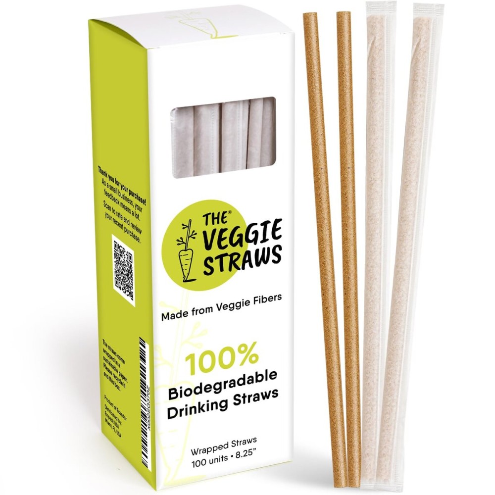 The Veggie Straws - 100 PCS of 8.25 Inches Individually Wrapped Biodegradable Straws - Made of Vegetable Fibers, Best Environment Friendly Drinking Straws for Hot and Cold Beverages