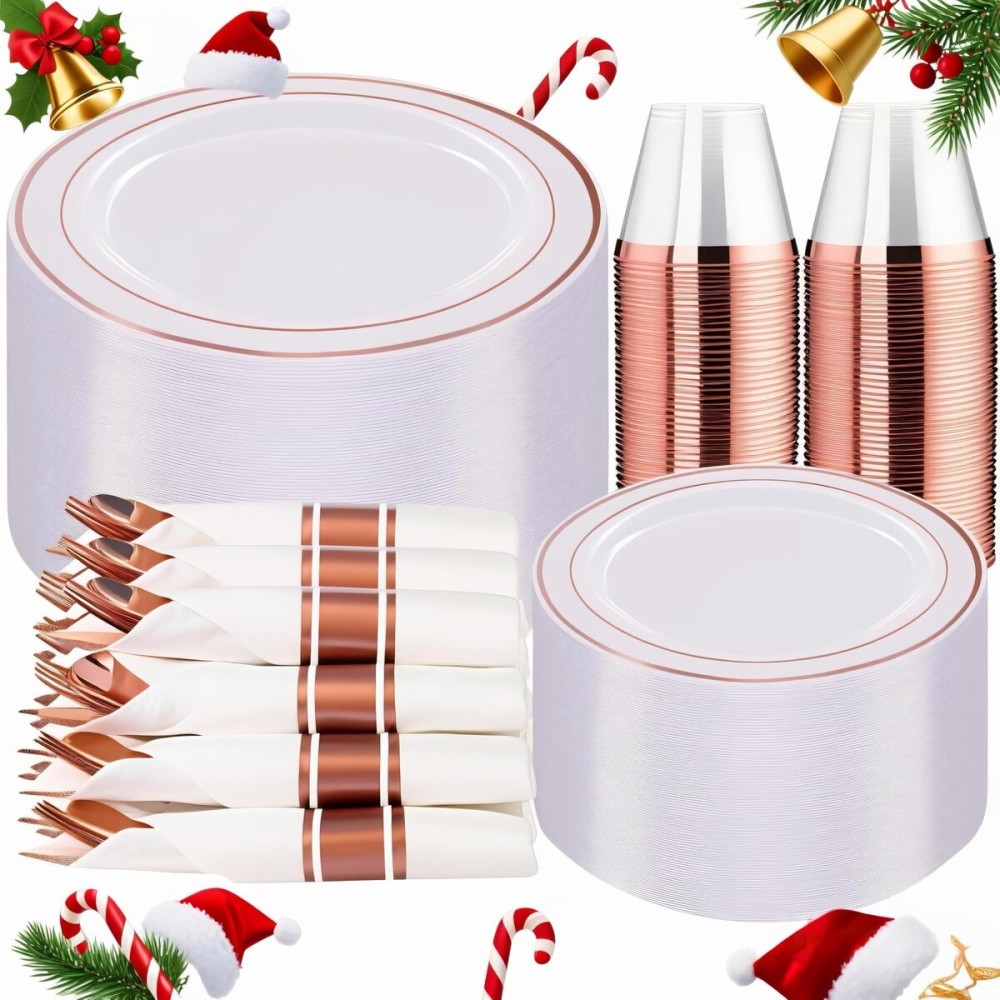 WELLIFE 350Pcs Rose Gold Plastic Plates for 50 Guests - Plastic Dinnerware Set,Party Supplies Includes 100 Rose Gold plates,150 Silverware,50 Napkins,50 Cups for Party and Christmas