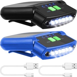 Mudder 2 Pieces LED Clip on Cap Lights USB Rechargeable Cap Flashlight Clip Waterproof Ultra Bright Hat Flashlight Headlamp for Fishing Camping Hand Work (Black,Blue)