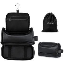 Elviros Toiletry Bag for Mens PU Leather Travel Organizer Kit with Hanging hook, Large Water-resistant Toiletries Bathroom Shaving Bags (Black)