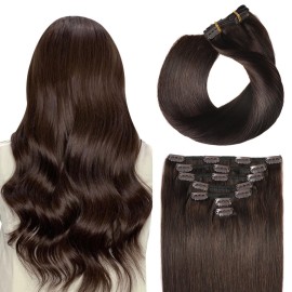 SUYYA Real Human Hair Clip in Extensions - Straight, Double Weft, 7pcs 120g (16 inches 2 Darkest Brown)