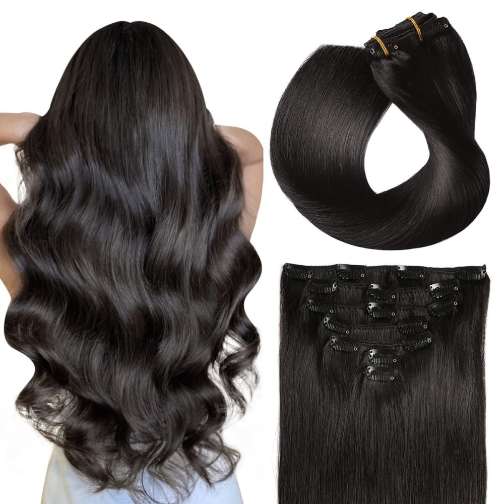SUYYA 16 Inch 120g 7pcs Clip in Hair Extensions, Straight Double Weft Natural Black (16 inches 1B Off Black)