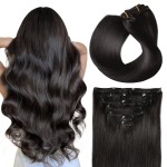 SUYYA 16 Inch 120g 7pcs Clip in Hair Extensions, Straight Double Weft Natural Black (16 inches 1B Off Black)