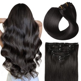 SUYYA 16 Inch 120g 7pcs Clip in Hair Extensions, Straight Double Weft Natural Black (16 inches 1B Off Black)