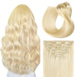 SUYYA Clip in Hair Extensions - Real Human Hair, Bleach Blonde, Straight, Double Weft - Clip ins, 7pcs, 120g (16 inches 613)