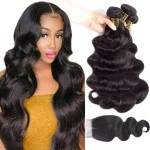QTHAIR 18A Grade Brazilian Body Wave Human Hair Bundles with HD Lace Closure (12 14 +10, Middle Part Closure) Body Wave Virgin Hair Bundles with Closure