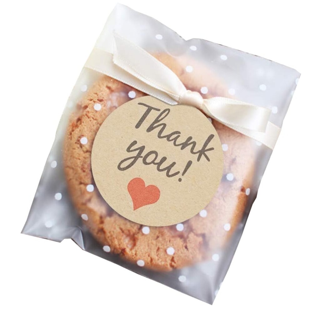 FLYTT Self Adhesive Cookie Bags, White Polka Dot Individual Resealable Cellophane Treat Bags with Thank You Stickers for Gift Giving (5.5\'\'x5.5\'\', 100 Pcs)