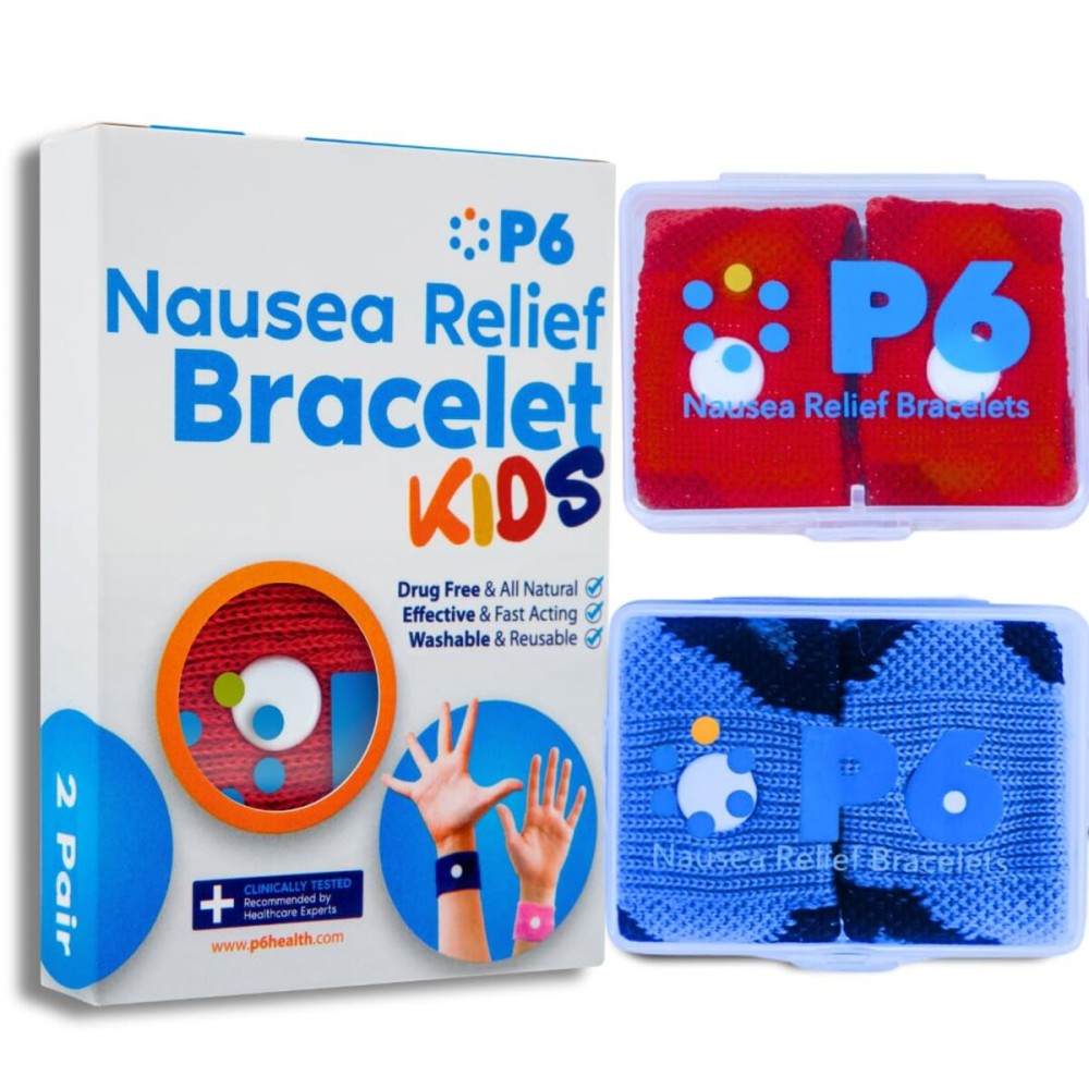 P6 Health Original Natural Anti-Nausea Relief Motion Car Sea Sickness Relief Children\'s Wrist Bands for Kids (2 Pack, Red - Blue)