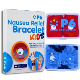 P6 Health Original Natural Anti-Nausea Relief Motion Car Sea Sickness Relief Children\'s Wrist Bands for Kids (2 Pack, Red - Blue)