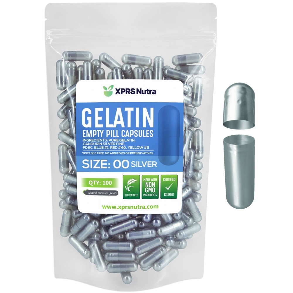 XPRS Nutra Size 00 Empty Capsules - 100 Count Empty Gelatin Capsules - Pills DIY Capsule Filling - Fillable Pill Gel Caps for DIY Supplements (Silver)