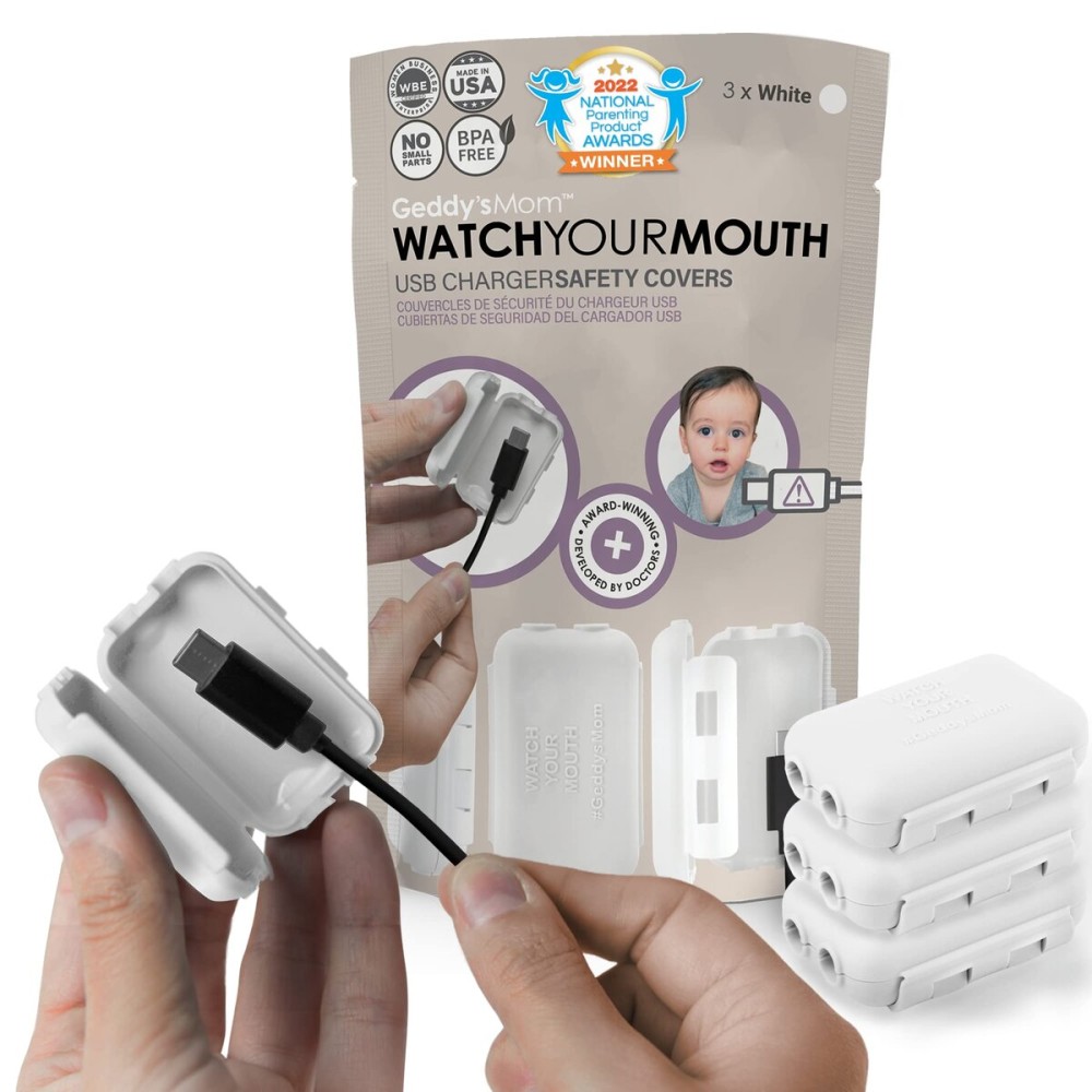 Geddys Mom Watch Your Mouth USB Charger Protector Award-Winning Baby Proof Cord Protector| BPA & Phthalate-Free Charger Protector | Electrical Safety Baby Products (3-Pack, White)