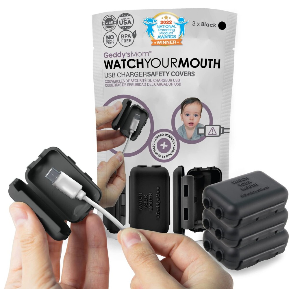 Geddys Mom Watch Your Mouth - The Award Winning Child Safety USDB Port Plug Cover| BPA & Phthalate-Free Charger Protector | Electrical Safety Baby Products (3-Pack, Black)