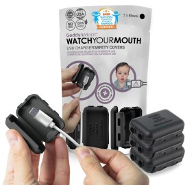 Geddys Mom Watch Your Mouth - The Award Winning Child Safety USDB Port Plug Cover| BPA & Phthalate-Free Charger Protector | Electrical Safety Baby Products (3-Pack, Black)