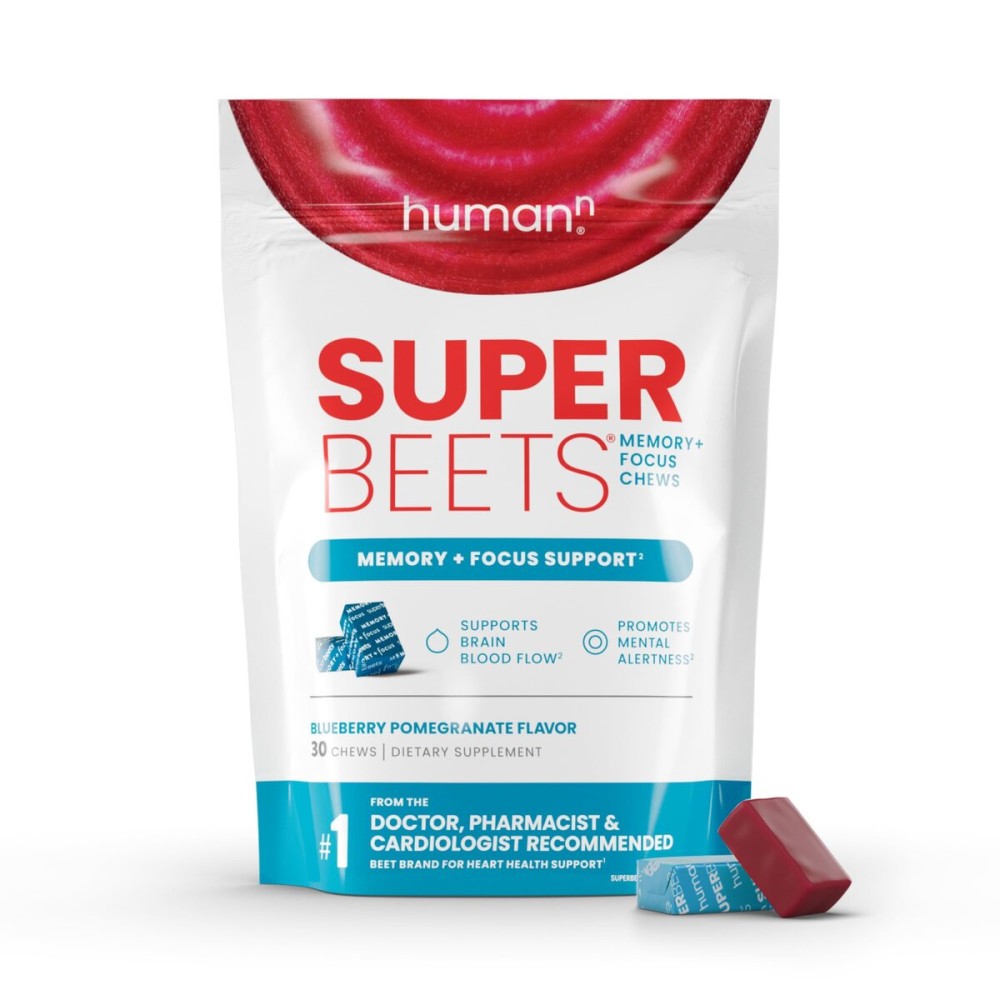 Humann SuperBeets Brain Supplements for Memory and Focus Chews, Mental Alertness, Clinically Studied Nootropics, Resveratrol Supplement Plus Beet Root Powder, Blueberry Pomegranate Flavor, 30 Count