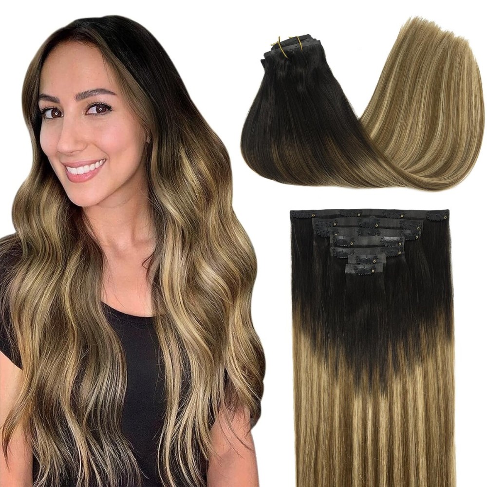 GOO GOO Clip in Hair Extensions Real Human Hair, Remy Human Hair Extensions Clip ins for Women, Natural Human Hair, 20inch 150g 7Pcs, 2/6/18 Balayage Brown to Dirty Blonde
