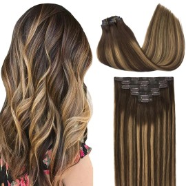 GOO GOO Clip in Hair Extensions Real Human Hair, Remy Human Hair Extensions Clip ins for Women, Natural Human Hair, 14inch 130g 9Pcs, 4/27/4 Balayage Chocolate Brown to Caramel Blonde