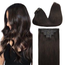 GOO GOO Clip in Hair Extensions Real Human Hair, Remy Human Hair Extensions Clip ins for Women, Natural Human Hair, 20inch 150g 7Pcs, 2 Dark Brown