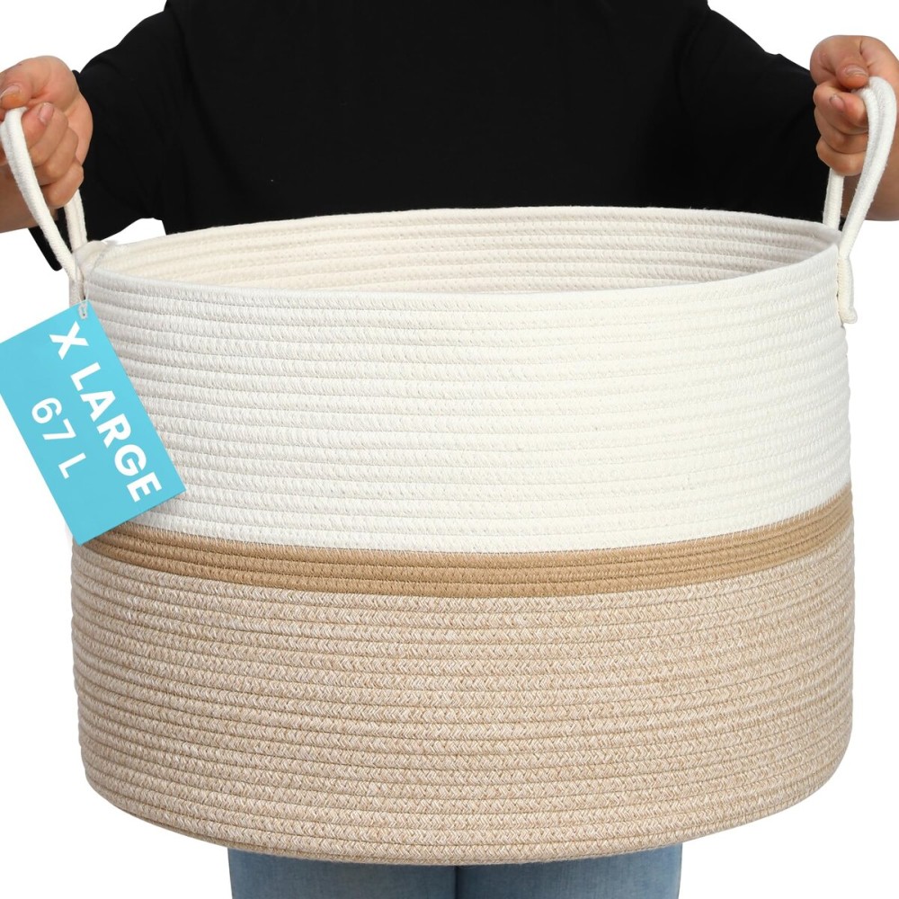 OrganiHaus Large Woven Storage Basket for Blankets and Toys 20 x 13 Inch, Rope Laundry Basket with Handles, Cushions & Pillows Storage Bin, Nursery Hamper, Soft Round Dog Toy Bin - Honey Stripe