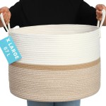 OrganiHaus Large Woven Storage Basket for Blankets and Toys 20 x 13 Inch, Rope Laundry Basket with Handles, Cushions & Pillows Storage Bin, Nursery Hamper, Soft Round Dog Toy Bin - Honey Stripe