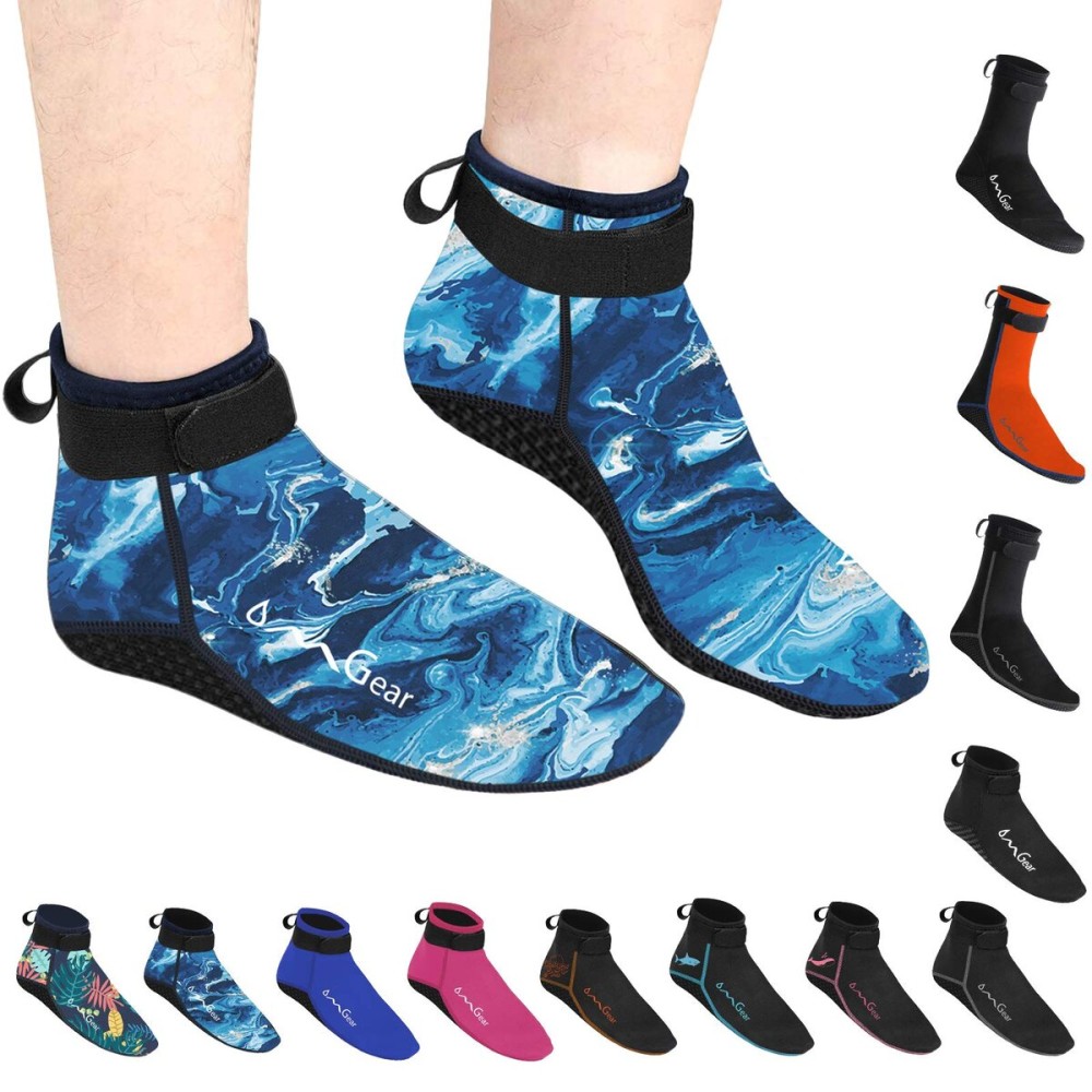 OMGear Water Socks Neoprene Socks Beach Booties Shoes 3mm Glued Blind Stitched Anti-Slip Wetsuit Boots Fin Swim Socks (3mm Low Cut/Sea, M(Men 8-9,Women 9-10))