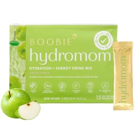 Boobie Hydromom Superfood Electrolyte Drink Mix, Green Apple | Refreshing Energy & Hydration Boost for Mamas | On-The-Go & Travel Essentials for Pregnancy, Lactation, & Beyond, 15 Packets