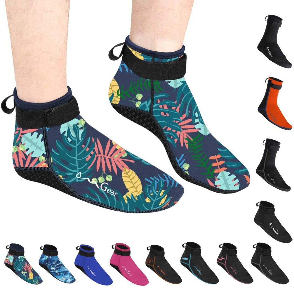OMGear Water Socks Neoprene Socks Beach Booties Shoes 3mm Glued Blind Stitched Anti-Slip Wetsuit Boots Fin Swim Socks (3mm Low Cut/Leaf, M(Men 8-9,Women 9-10))