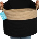 OrganiHaus Large Woven Storage Basket for Blankets and Toys 20 x 13 Inch, Rope Laundry Basket with Handles, Cushions & Pillows Storage Bin, Nursery Hamper, Soft Round Dog Toy Bin - Black/Honey