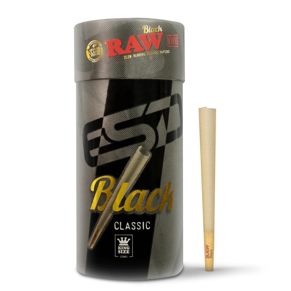 RAW Black Cones King Size - 100 Pack - Slow Burning Pre Rolled Cones Pressed Extra Fine for Thin, Naturally Translucent Paper with Tips & Packing Tubes Included